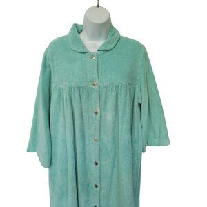 Vintage National Womens Snap-Front Mint Green Terrycloth Robe Size L Midi